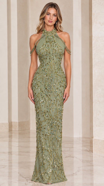 Sage Green sequined halter neck evening gown