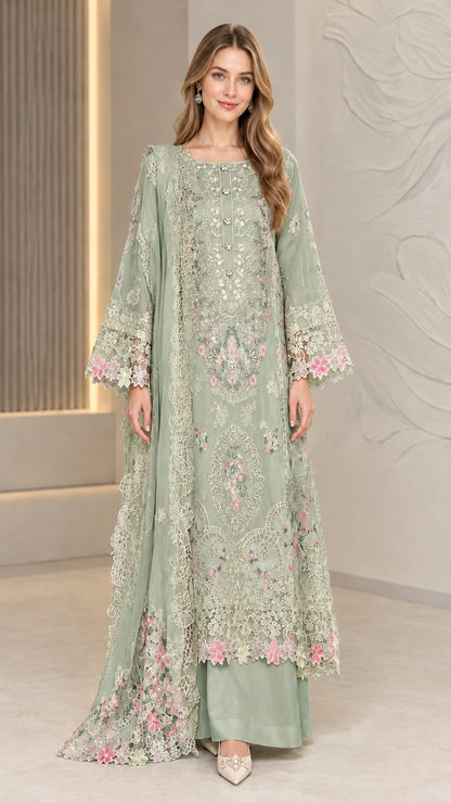 Sage Green floral embroidered 3-piece tunic suit set with wide-leg pants