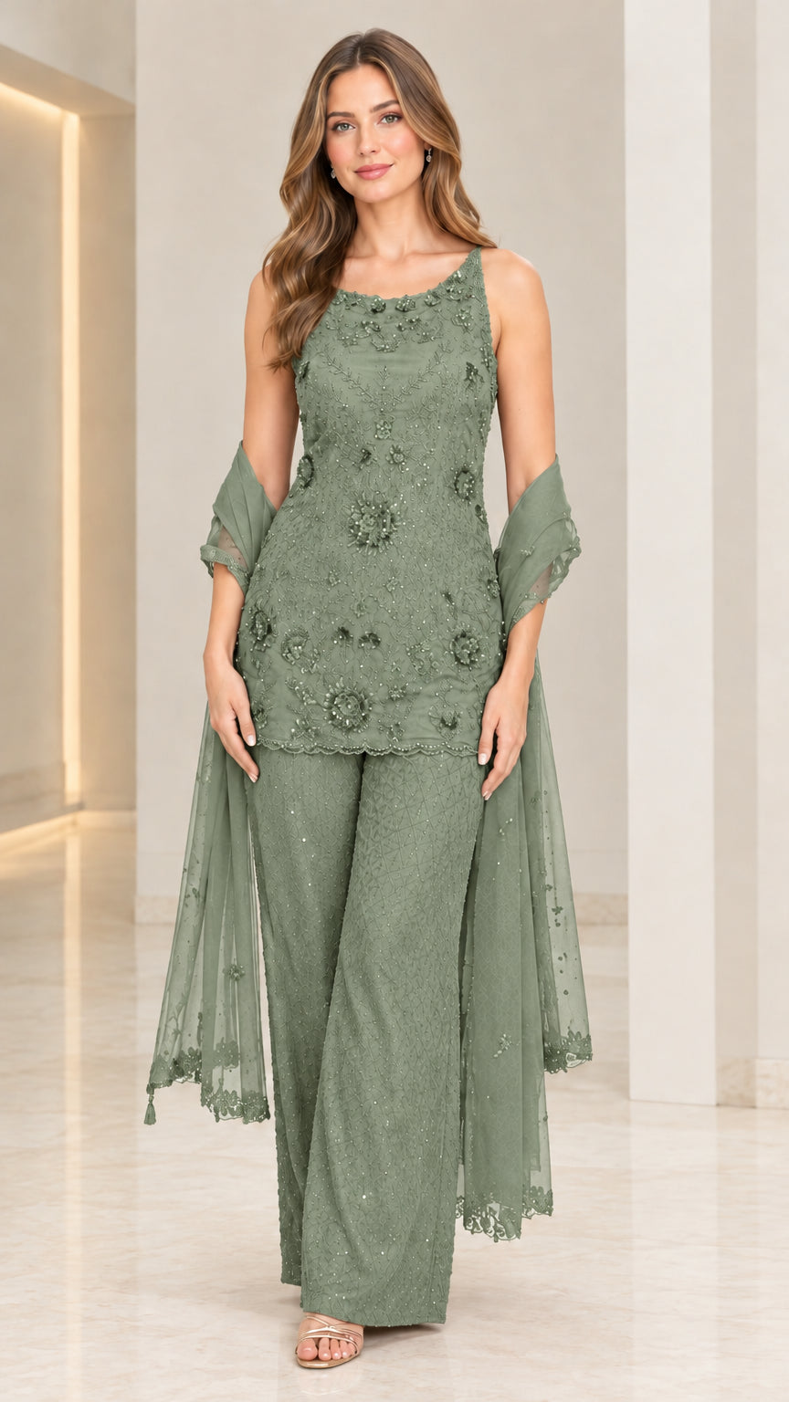 Sage green 3-piece embellished formal pant suit with flowing sheer wrap