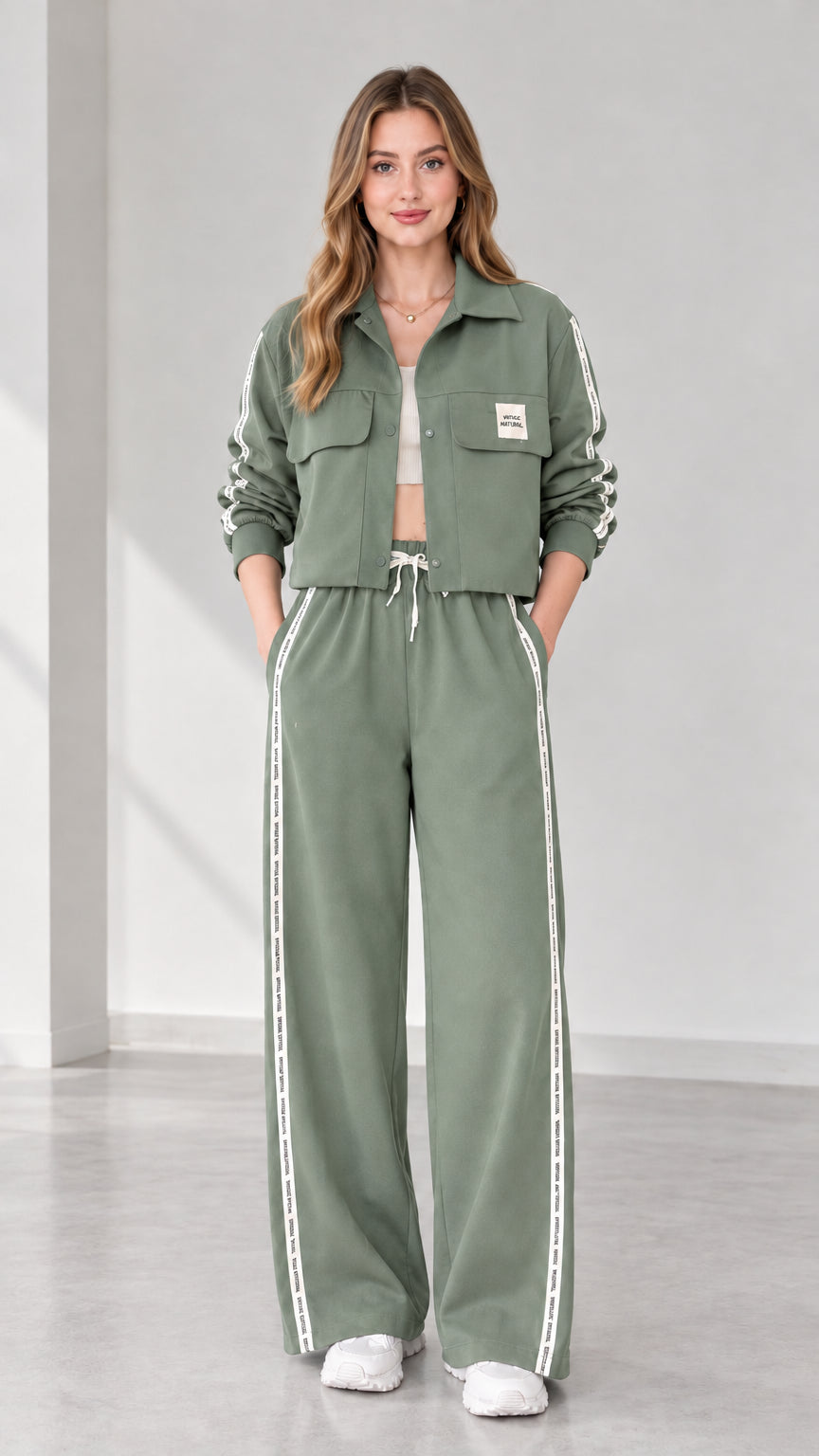 Full view of women's cropped jacket and wide-leg track pants set in sage green