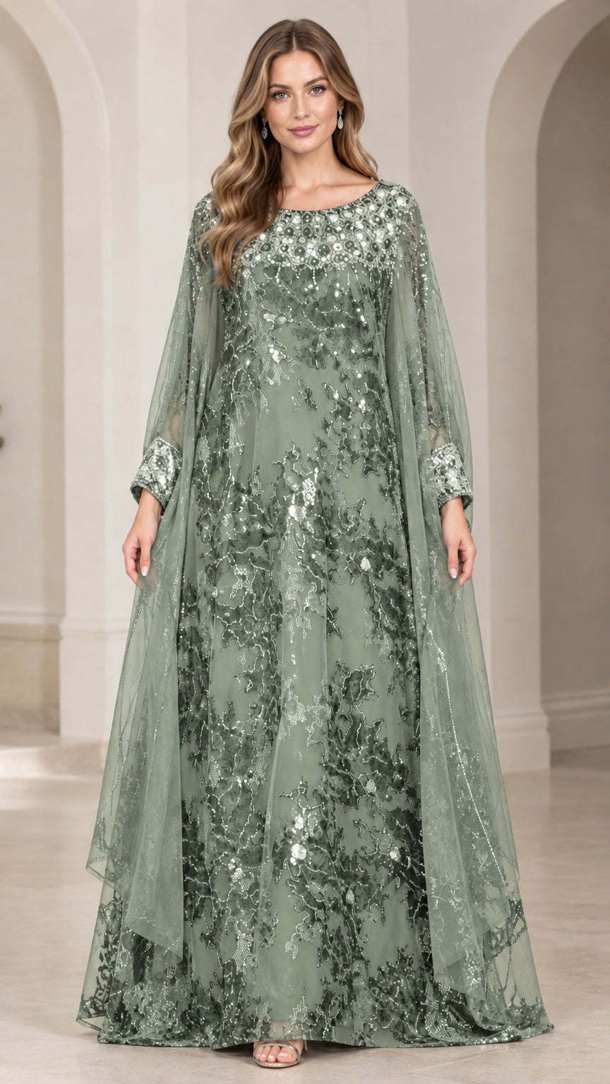 Front view of sage green embellished cape sleeve evening gown