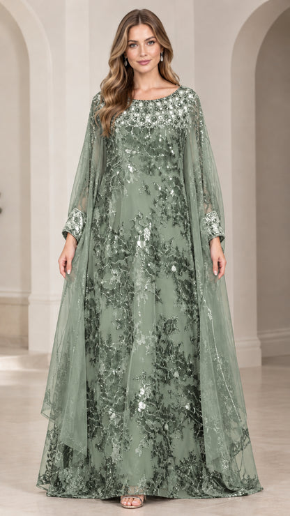 Front view of sage green embellished cape sleeve evening gown