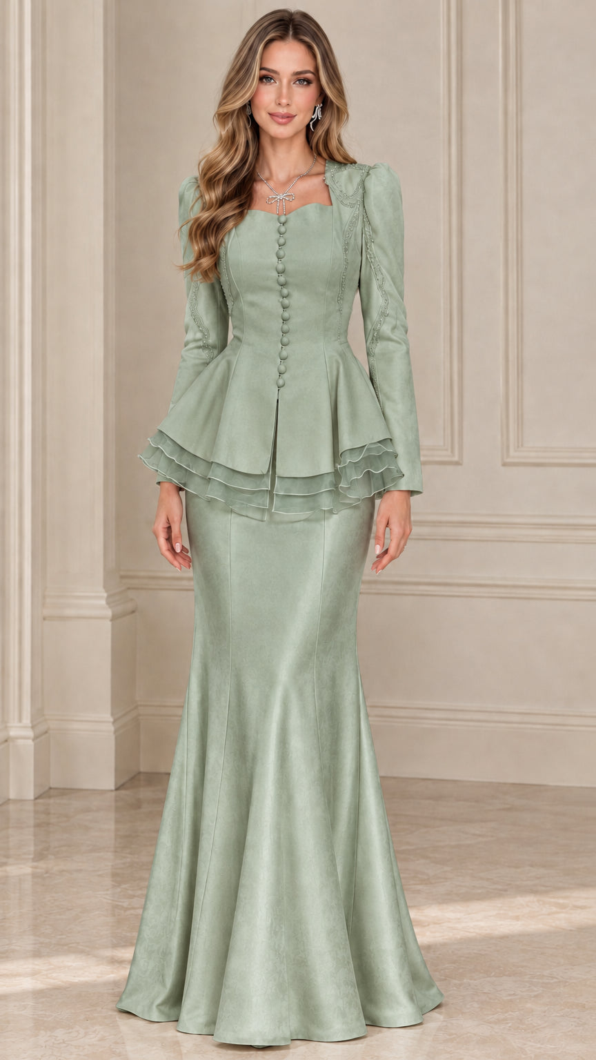 Sage green two-piece formal evening jacket and mermaid maxi skirt set