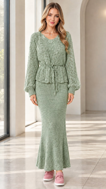Woman wearing sage green pointelle knit peplum top and mermaid maxi skirt set