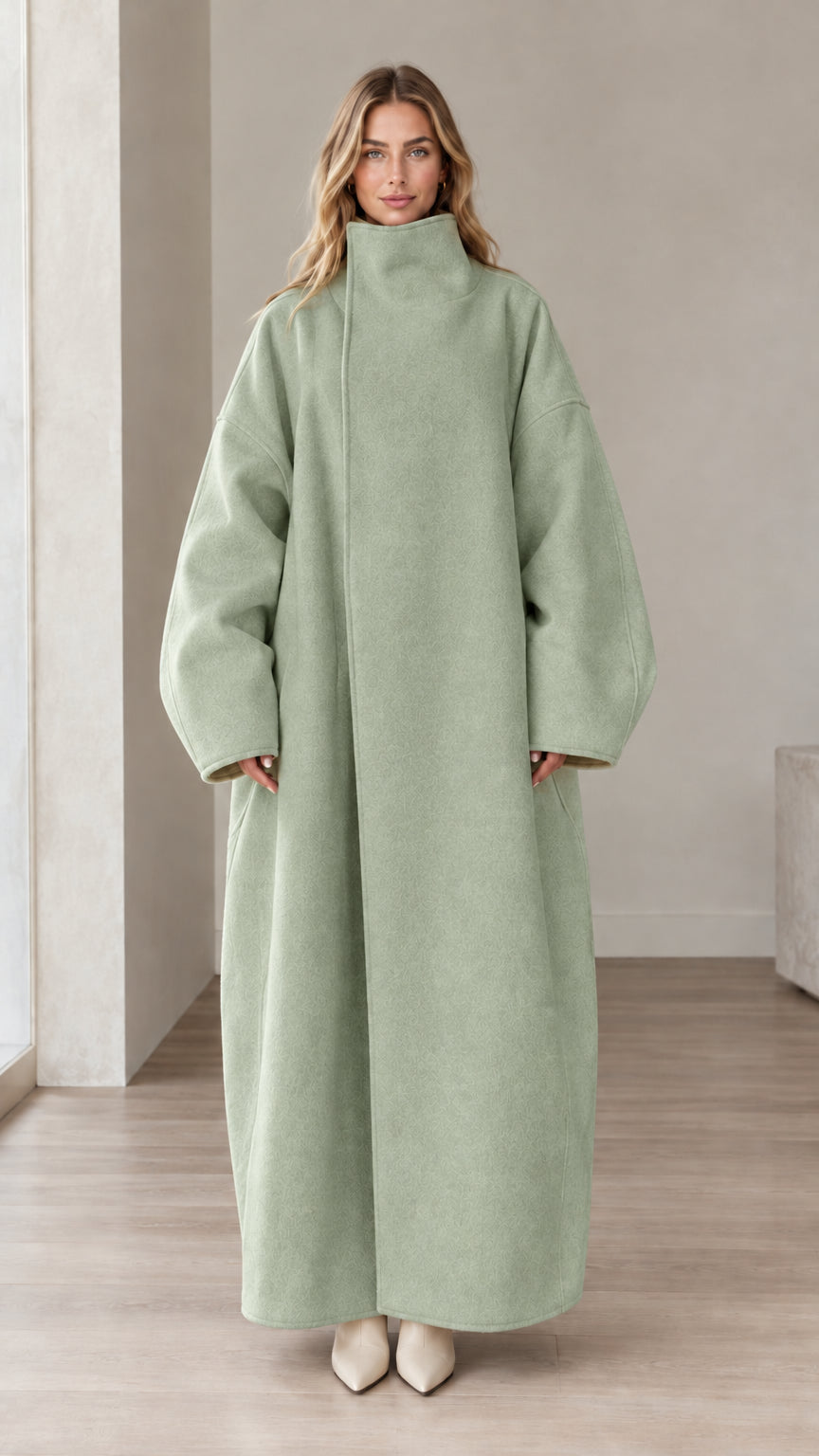 Front full view of woman wearing Sage Green high neck oversized maxi coat