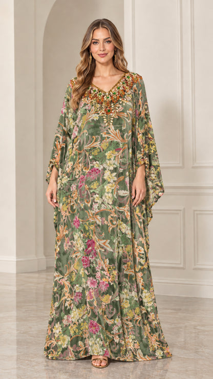 Front view of woman wearing Sage Green floral velvet embellished kaftan maxi dress