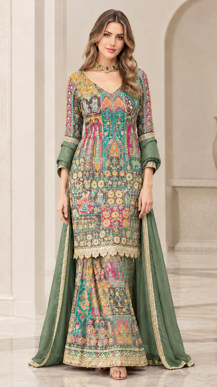 Sage green color variant of embroidered printed sharara suit set with dupatta