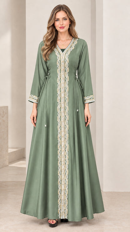 Sage green gold trimmed kaftan maxi dress front view