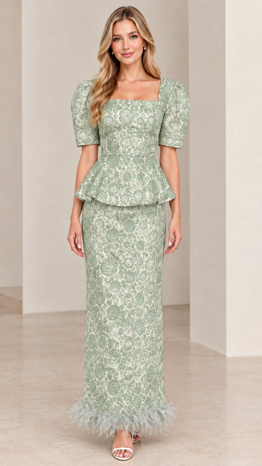 Front view of Sage Green floral jacquard column evening dress with feather trim