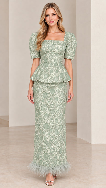 Front view of Sage Green floral jacquard column evening dress with feather trim
