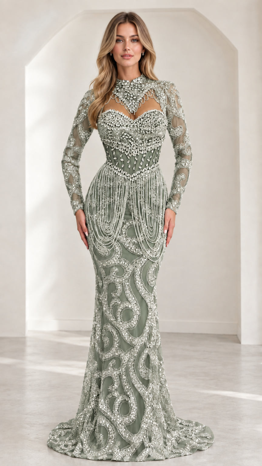 Front view of model wearing Sage Green beaded mermaid gown with cutout bust