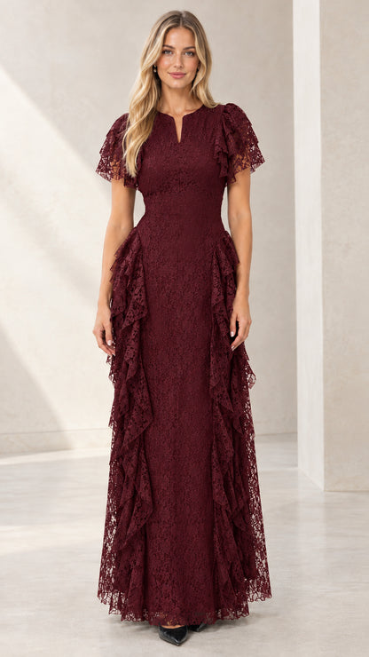 Woman wearing Burgundy wine floral lace flutter sleeve maxi dress