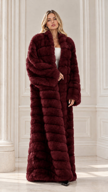 Full-length burgundy wine red faux fur winter maxi coat