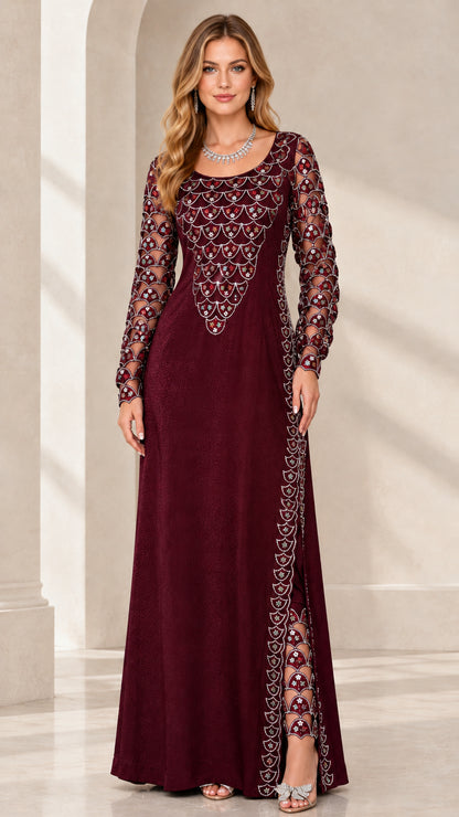 Front view of woman wearing burgundy sequin embroidered maxi formal evening dress