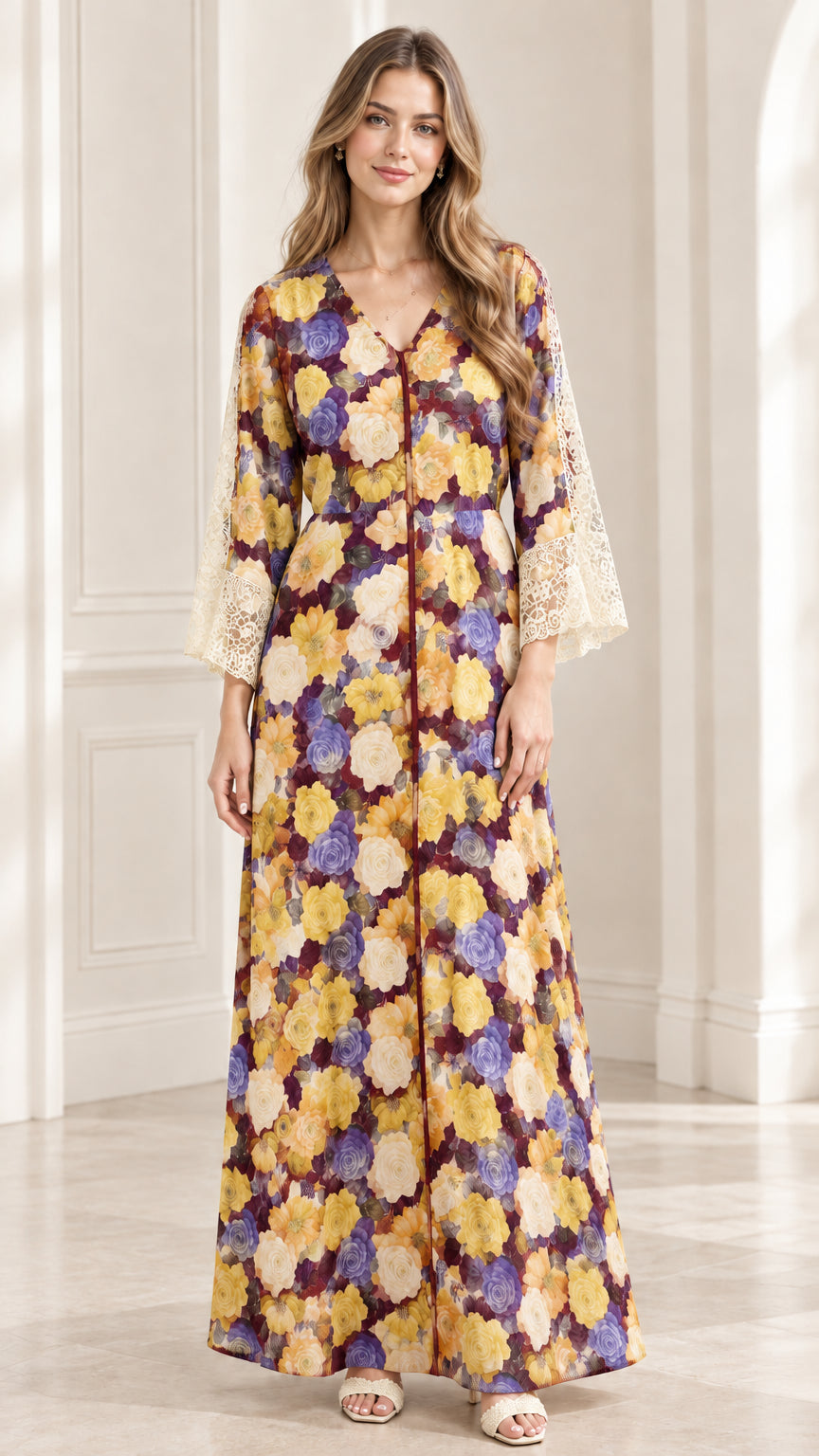 Front full-length view of model wearing Burgundy Floral maxi dress