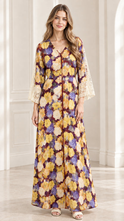 Front full-length view of model wearing Burgundy Floral maxi dress