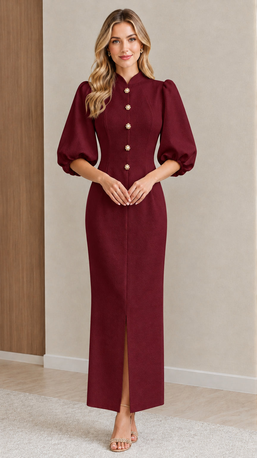 Front view of model wearing the Burgundy mandarin collar puff sleeve maxi dress