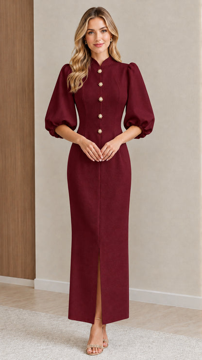 Front view of model wearing the Burgundy mandarin collar puff sleeve maxi dress