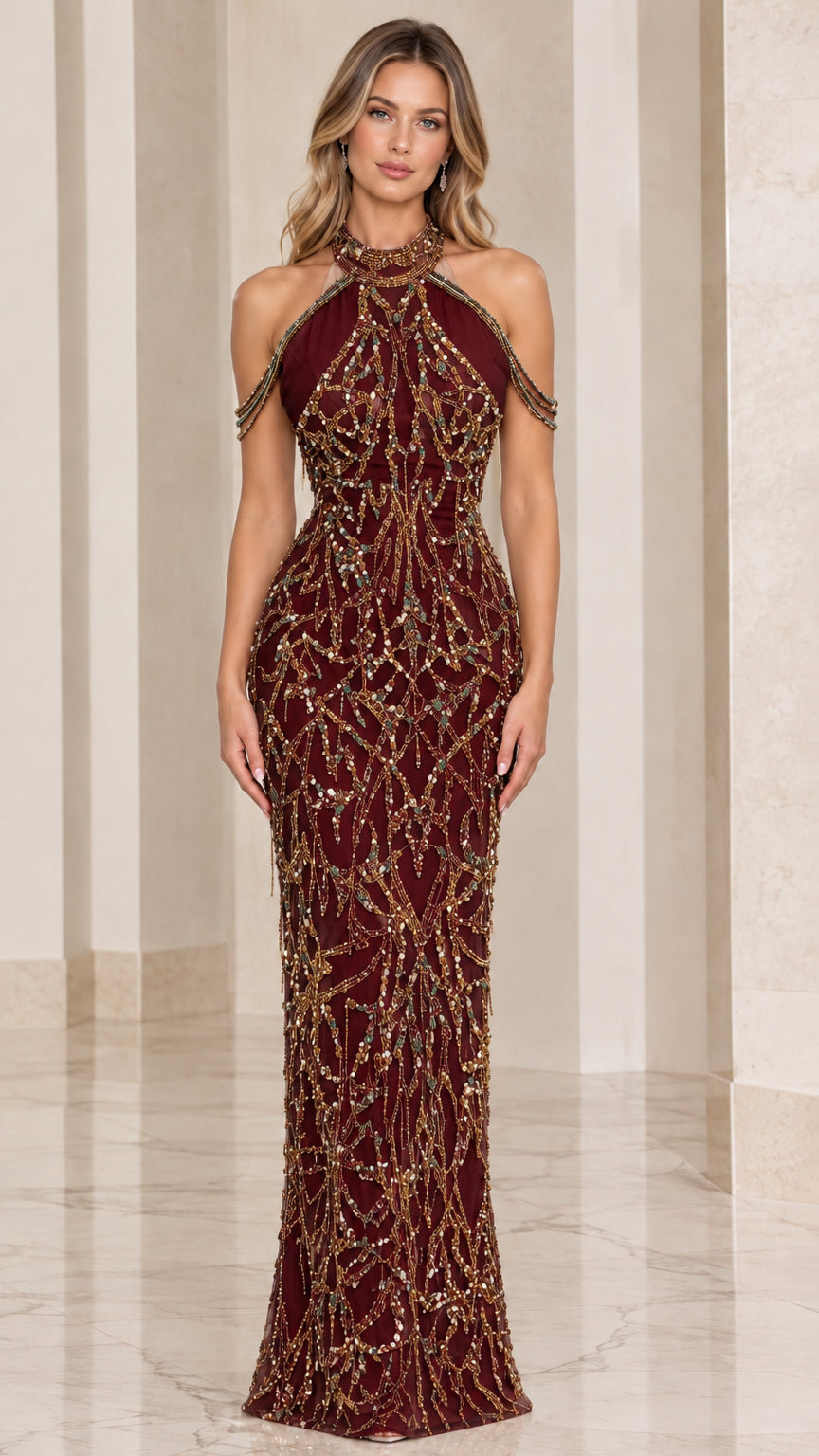 Burgundy wine red embellished halter evening dress with gold beadwork