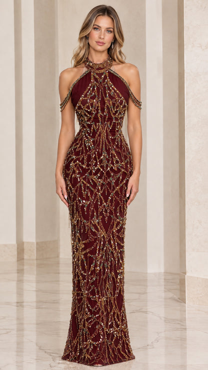 Burgundy wine red embellished halter evening dress with gold beadwork