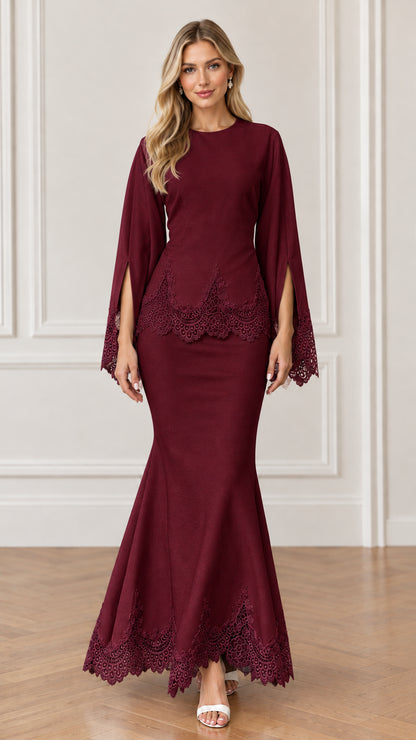 Front view of burgundy red lace trim split sleeve mermaid evening gown