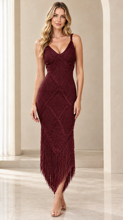 Burgundy wine red sleeveless crochet knit fringe midi dress on model