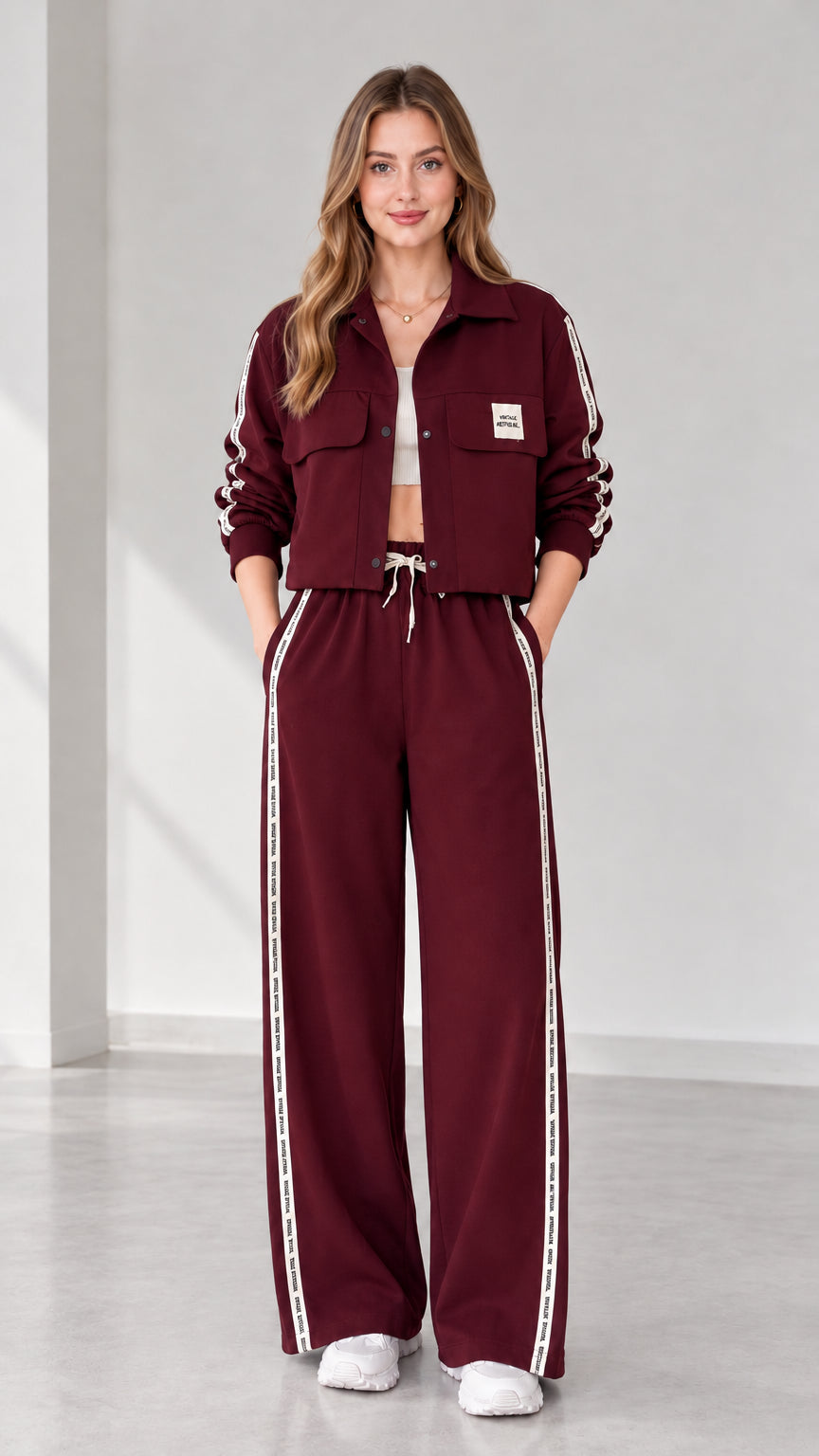 Full view of women's cropped jacket and wide-leg track pants set in burgundy