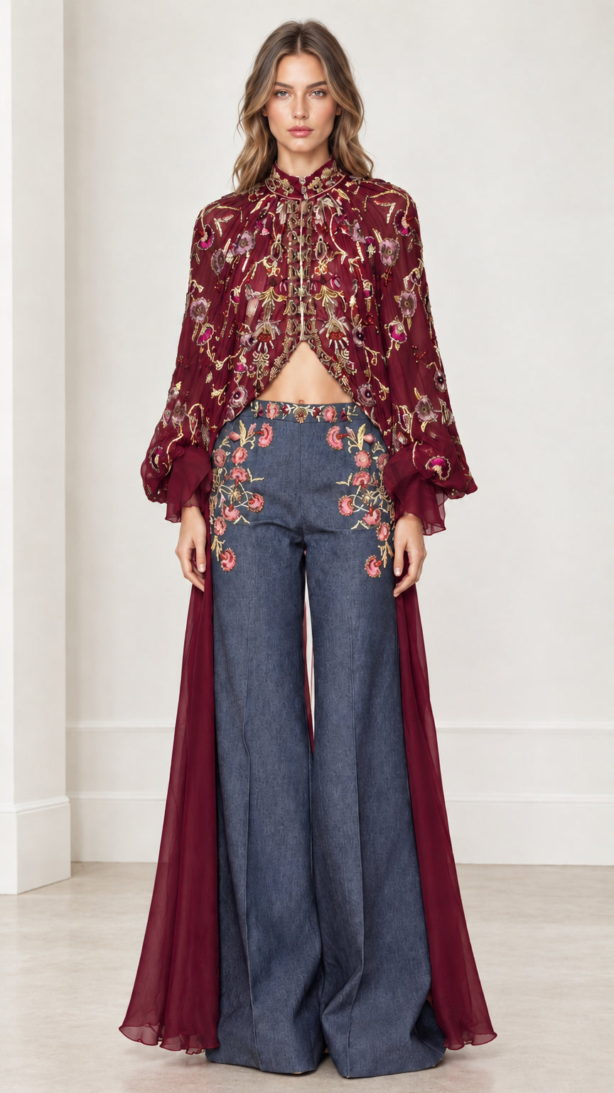 Front view of burgundy embroidered high-neck cape duster and pants