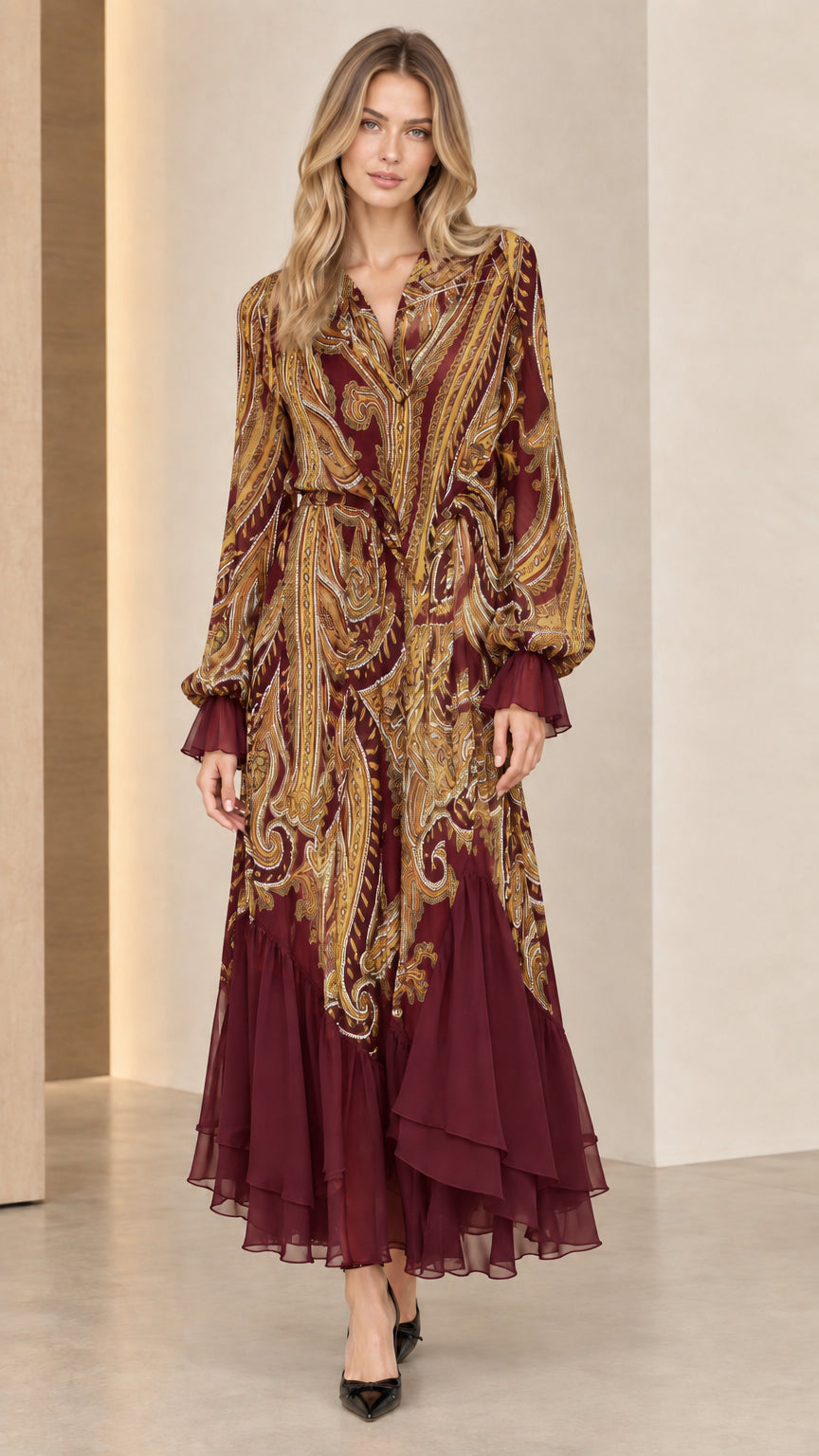 Model wearing Burgundy wine paisley print tiered chiffon maxi dress