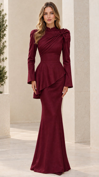 Front view of burgundy high neck peplum mermaid evening gown