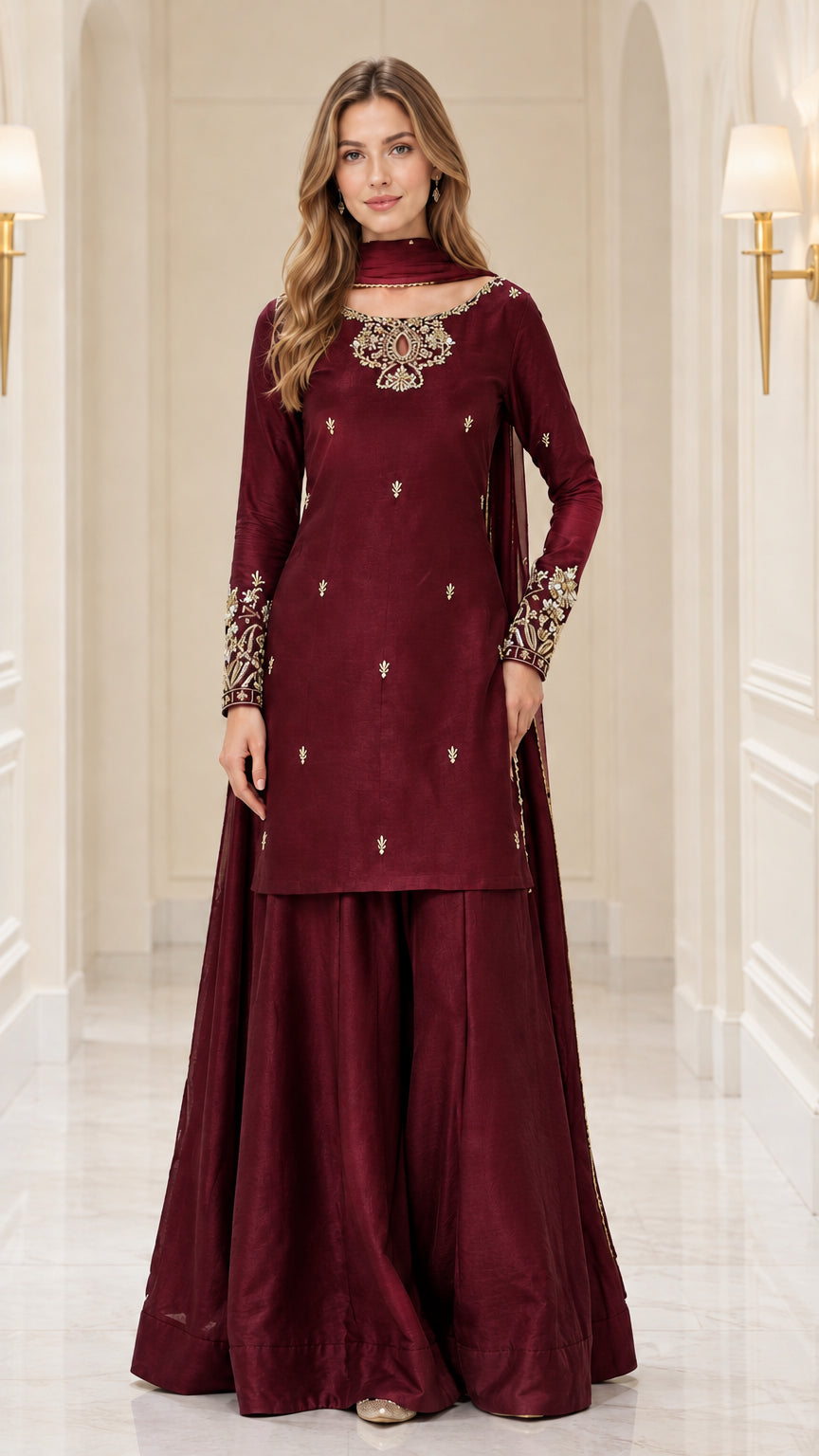 Full front view of burgundy wine embroidered kurta sharara set