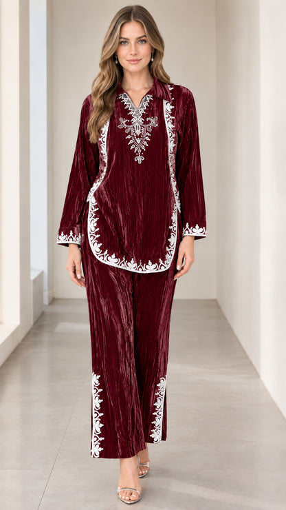 Burgundy wine red crushed velvet matching two-piece set with embroidery