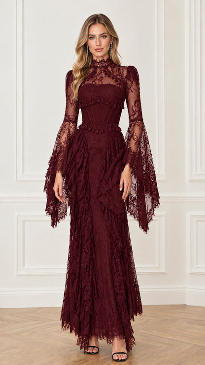Front full-length view of the burgundy wine lace corset maxi dress