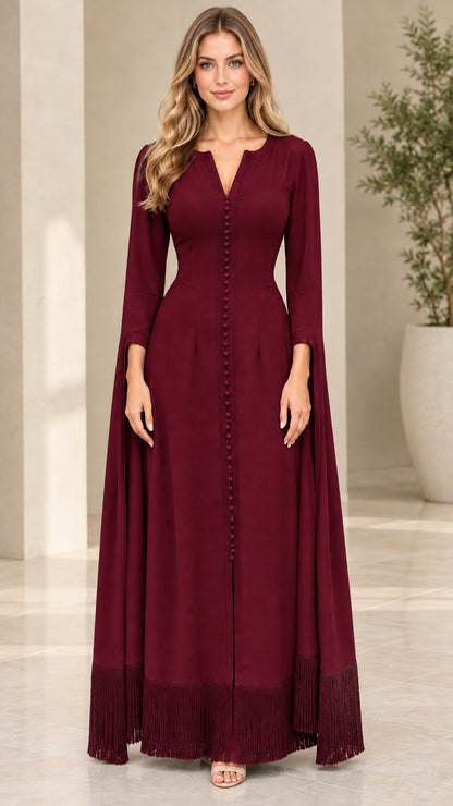Burgundy wine red button front evening dress with fringe trim