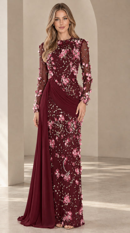 Burgundy wine red formal evening gown with 3D floral embroidery and side drape