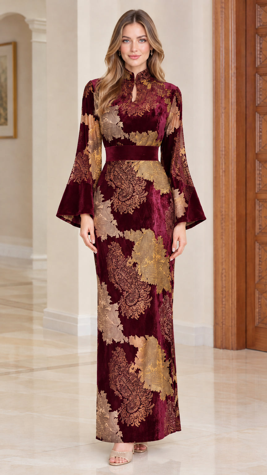 Full-length burgundy wine floral jacquard velvet formal dress