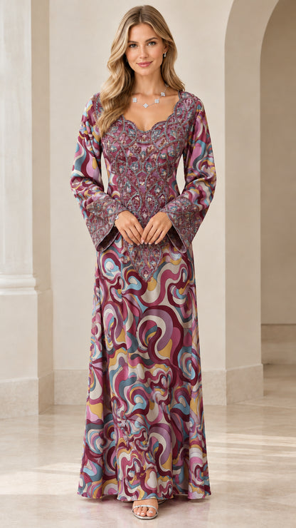 Front full-length view of model in Plum purple swirl print embellished maxi dress