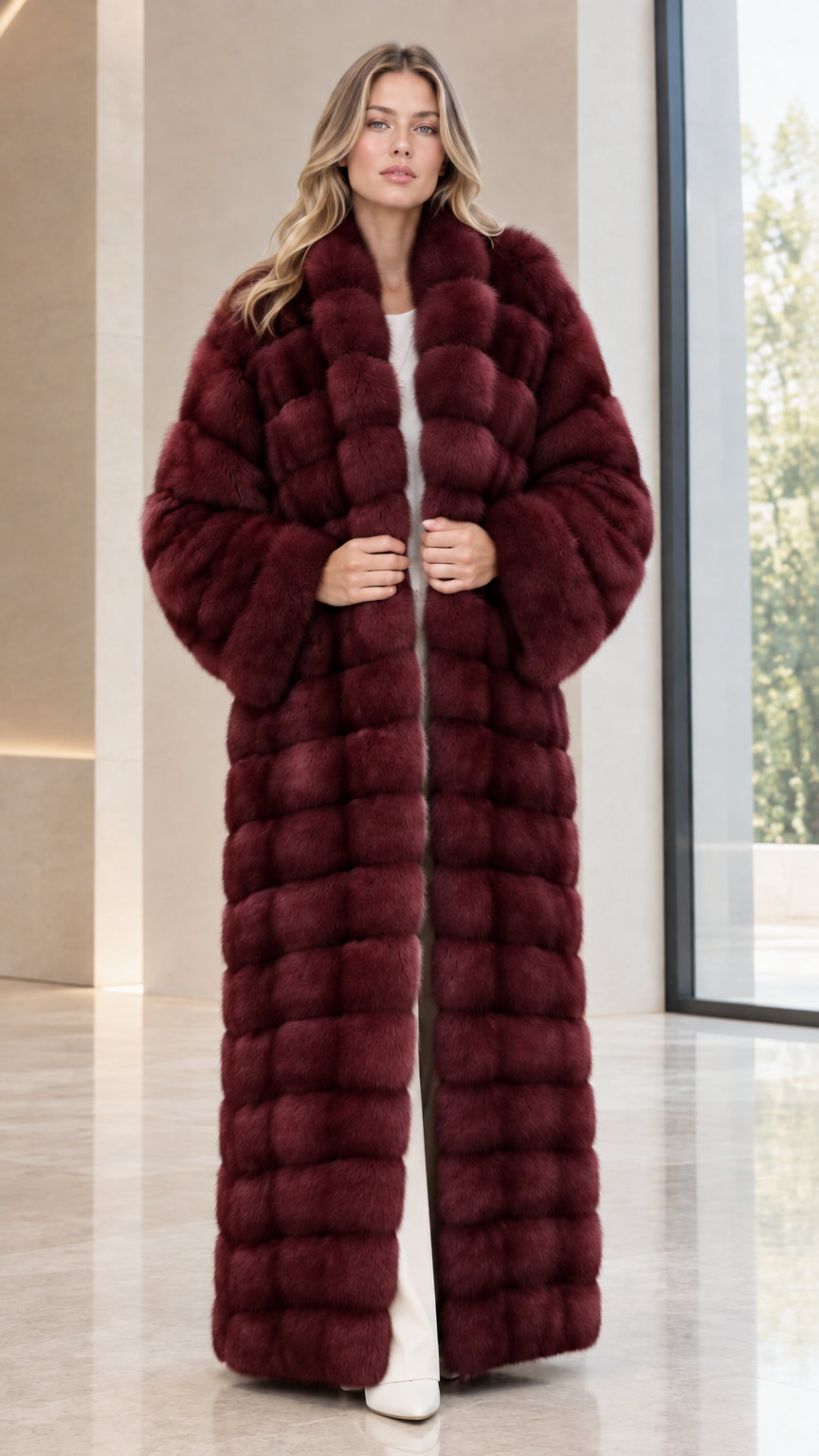 Front full-length view of woman wearing burgundy paneled faux fur maxi coat