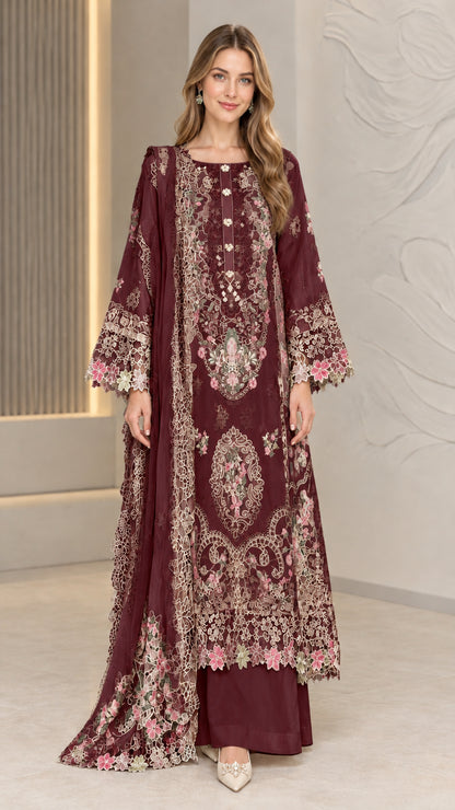 Burgundy wine embroidered 3-piece tunic suit set with contrast lace hem