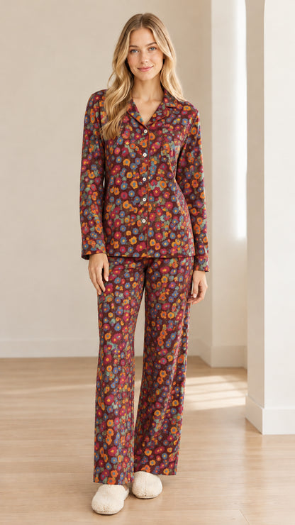Model wearing deep burgundy floral long sleeve pajama set