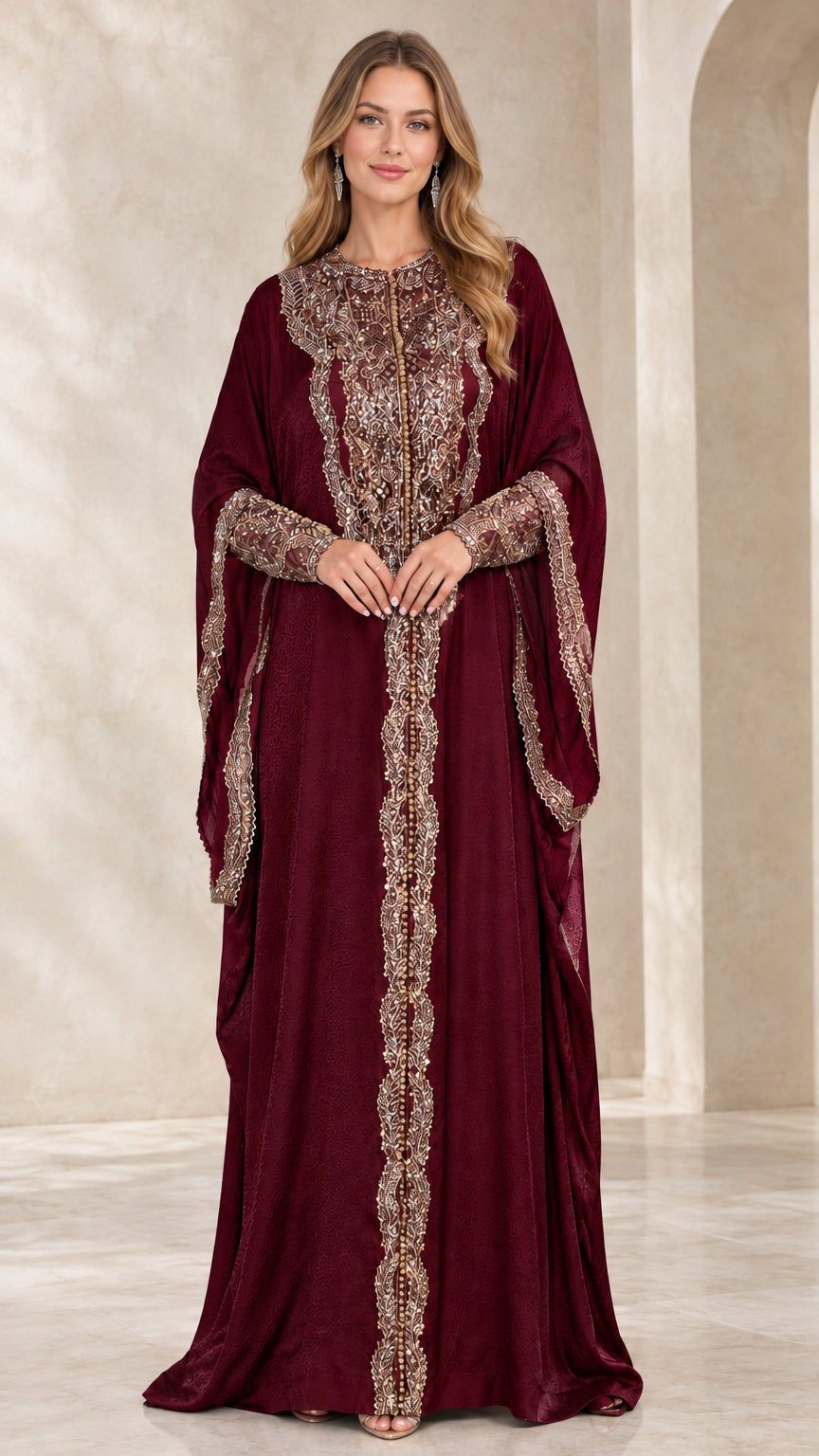 Front view of burgundy wine kaftan maxi dress with ornate metallic embroidery