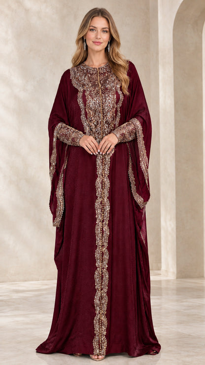 Front view of burgundy wine kaftan maxi dress with ornate metallic embroidery
