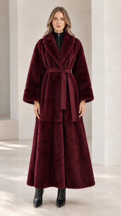 Front full view of burgundy wine red belted faux fur maxi coat