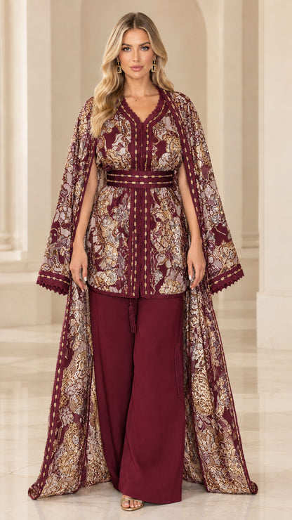 Full-length front view of model wearing Burgundy jacquard cape and pant set