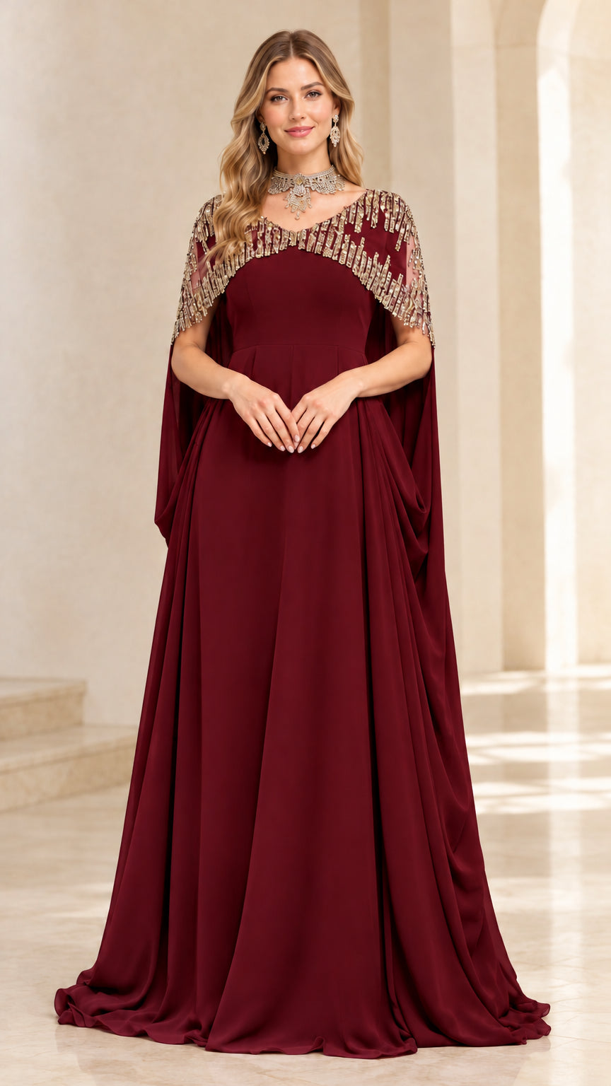 Burgundy red formal evening gown with embellished cape design