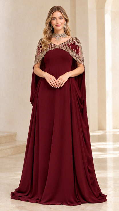 Burgundy red formal evening gown with embellished cape design