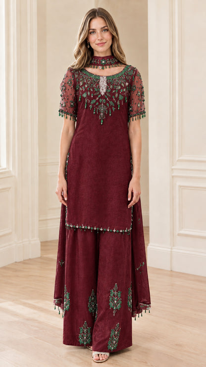 Full front view of Burgundy wine beaded tunic and wide-leg palazzo pant set