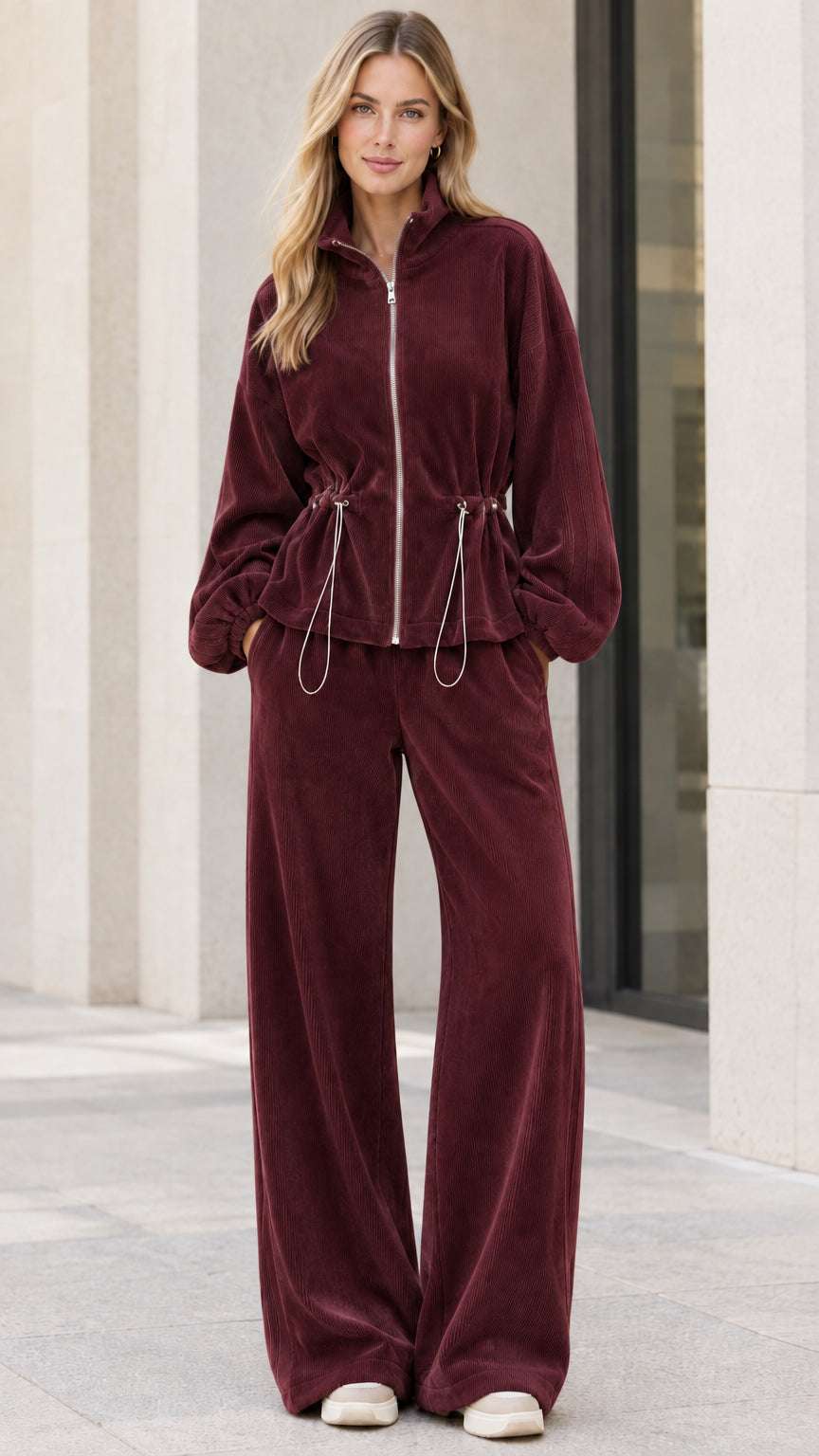 Model wearing burgundy wine red ribbed zip-up jacket and wide leg lounge pants set