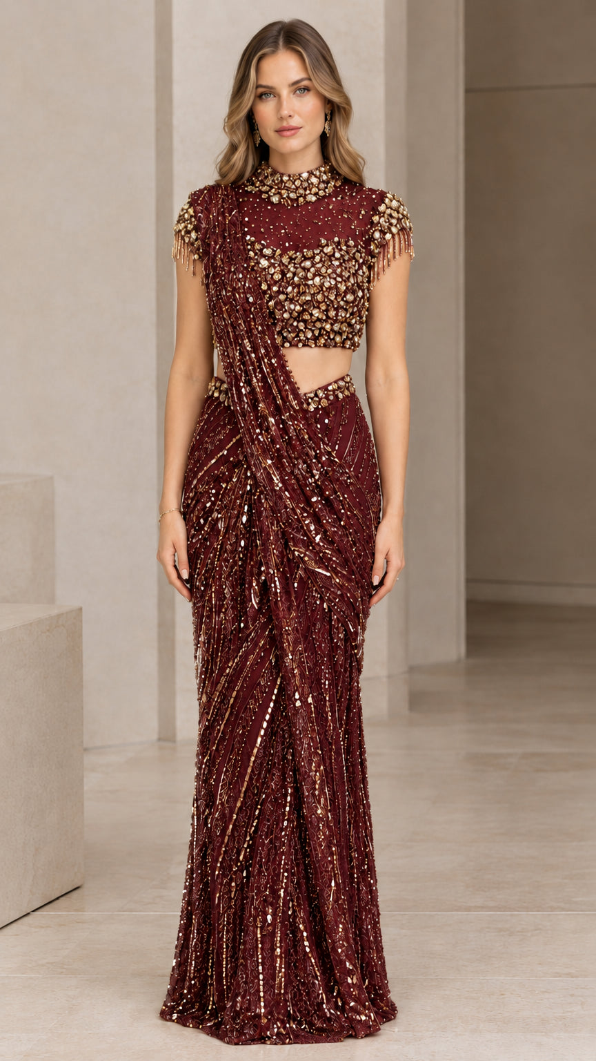 Burgundy red crystal-beaded crop top and sequin-embellished draped saree gown