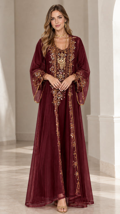 Burgundy embroidered sheer overlay kaftan abaya maxi dress front view